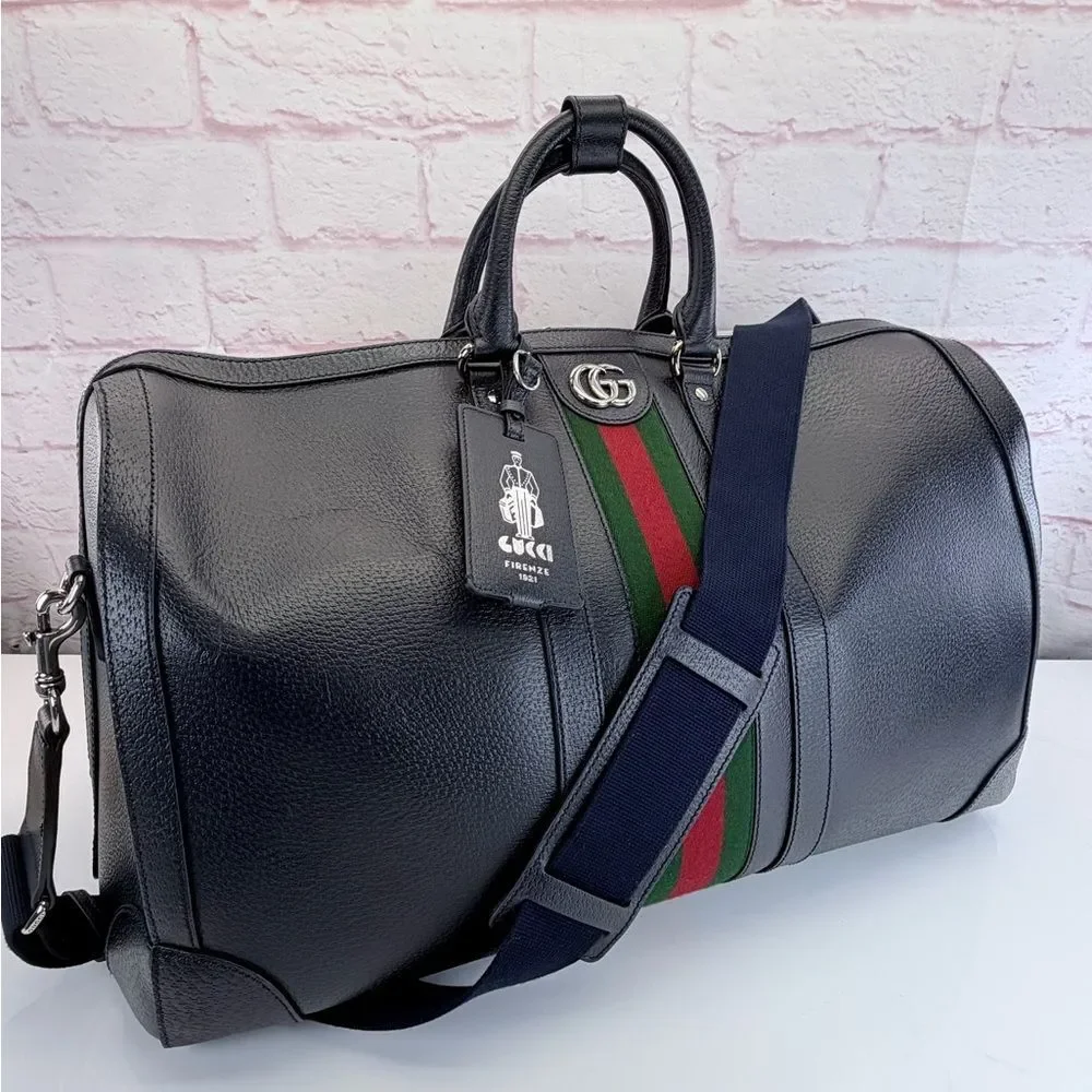 Gucci Navy Blue Savoy Web Stripe Duffle Travel Bag